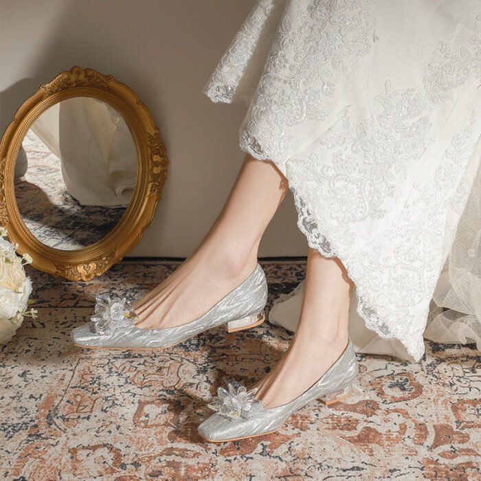 228-52 Silver Thin and Glittering Crystal Bow Thick Heel Flat Wedding Shoes Square Toe Bridal Shoes - Image 4