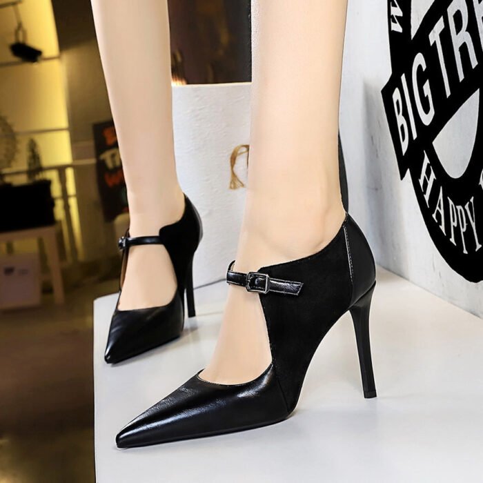 BIGTREE SHOES 9783-1 Retro European American Style High Heels Stiletto Suede Pointed Stitching Hollow High-Cut Shoes Pumps High Heel Women's Shoes - Image 2