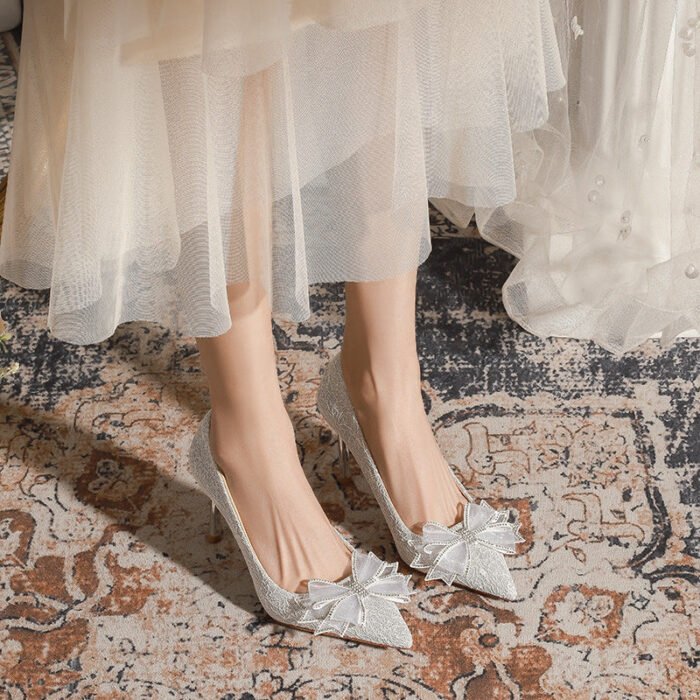 840-51 Rhinestone Bow Wedding Shoes Daily Wearable Niche High-Grade Stiletto Heel Low-Cut Pointed-Toe Shoes - Image 3