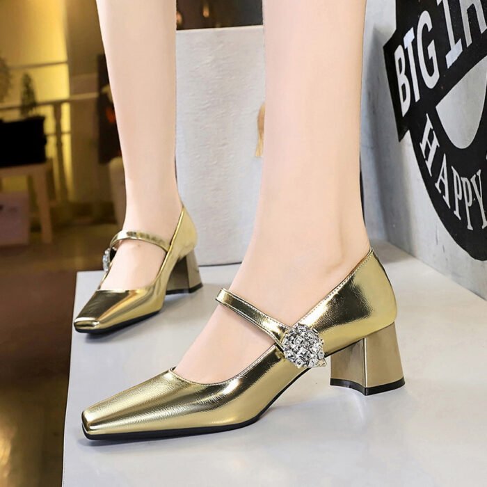 BIGTREE SHOES 5288-K88 European and American Style Banquet Women's Shoes Thick Heel Mid-Heel Low-Cut Square Head Light Luxury Rhinestone Buckle Ankle-Strap Shoes Female - Image 3