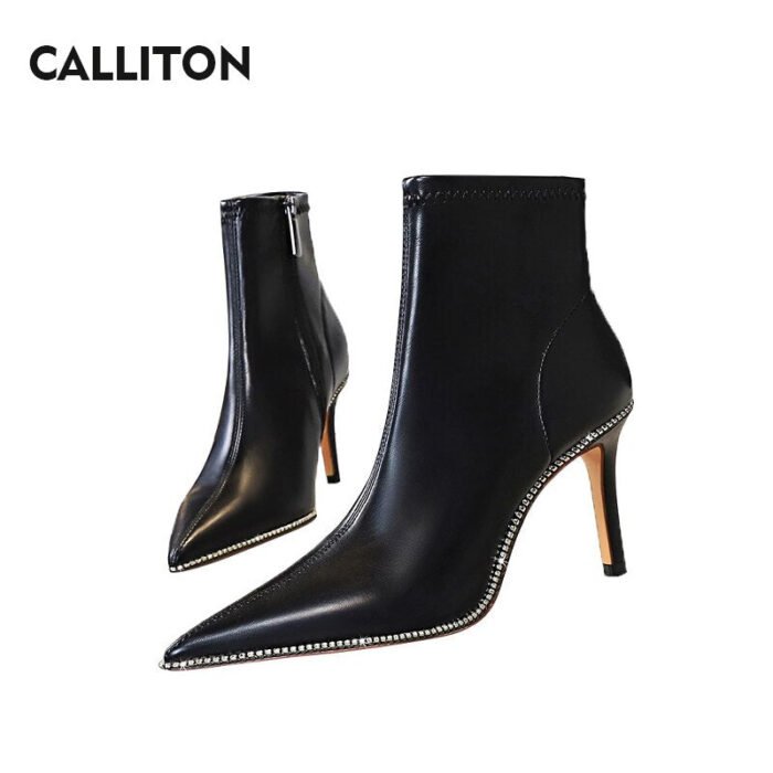 1838-3Nightclub Zipper Slender High Heel Short Sleeve Black Sexy Ankle Women's Rhinestone Short Boots-Bigtree shoes - Image 2