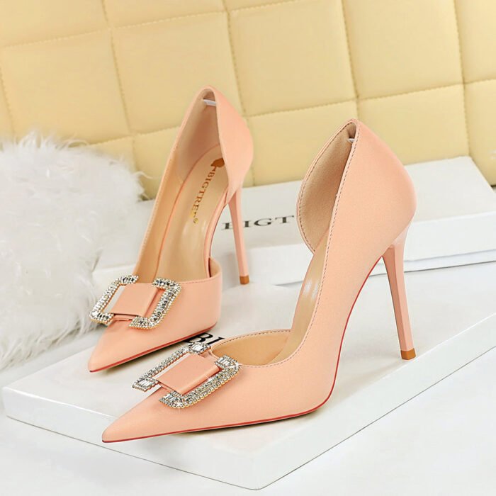 Big Tree Shoes 626-K6 European and American Style Sexy Nightclubs Thinner Side Hollow High Heels Women's Shoes Stiletto Heel Rhinestone Buckle Pumps - Image 3