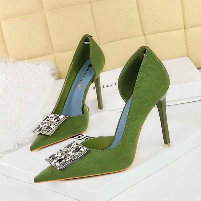 BIGTREE SHOES 6168-K58 European and American Style High Heels Women's Shoes Stiletto Heel Shallow Mouth Pointed Toe Side Hollow Square Rhinestone Shoes - Image 3