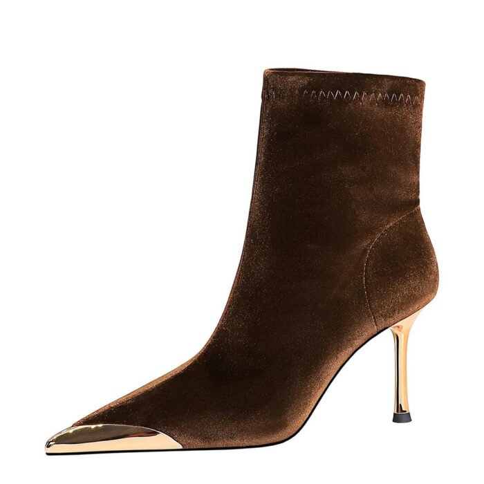 BIGTREE SHOES 319-10 European and American Style Banquet Women's Short Boots Super High Heel Stiletto Low-Cut Metal Pointed Xi Shi Suede Short Boots - Image 5
