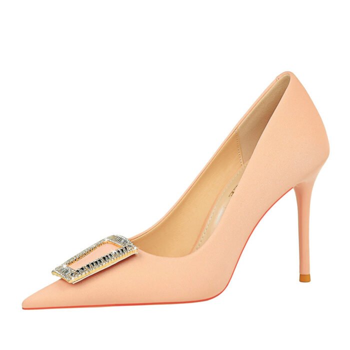 BIGTREE 3265-k8 Korean Style Fashion Banquet High Heel Stiletto Low Mouth Pointed Toe Metal Buckle Rhinestone Buckle High Heel Pumps Women - Image 5