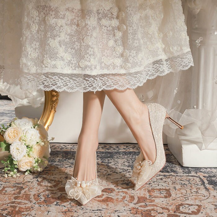 840-16 French Lace Pearl Wedding Shoes Bridal Shoes High Heels Princess Pointed Toe Temperament Fairy Stiletto Heel Pumps Women - Image 4
