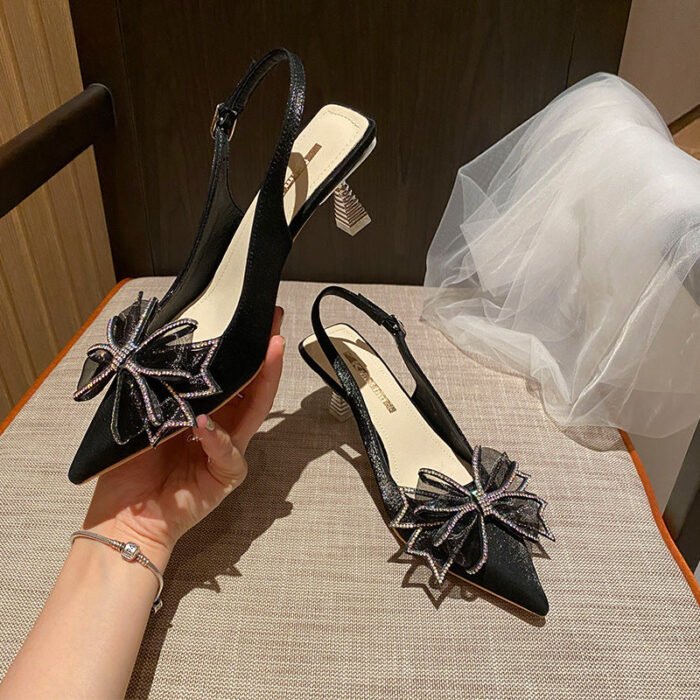 616-51 Pointed High Heels Women's New Elegant Mesh Butterfly Rhinestone Casual Shoes - Image 3