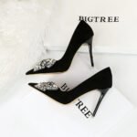 Bigtree Shoes 9511-H29 European and American Banquet High Heels Stiletto Heel Suede Shallow Mouth Pointed Toe Rhinestone Bow Pumps Women - Image 3