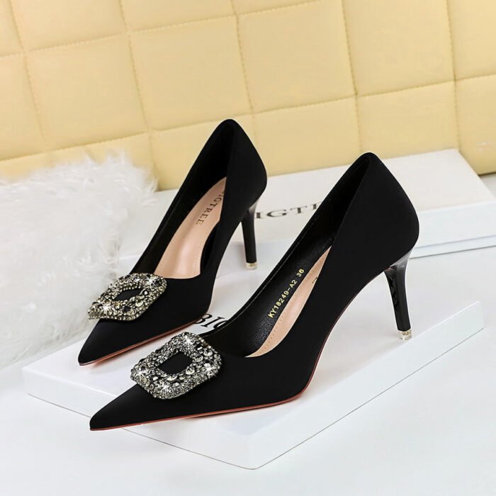 Bigtree Shoes 18249-ak83 European and American Style Banquet Women's Shoes Stiletto Heel Shallow Mouth Pointed Toe Satin Metal Rhinestone Buckle Women's Shoes - Image 1