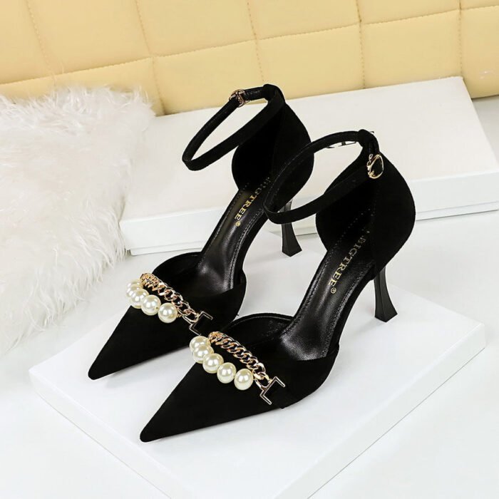 BIGTREE SHOES 8323-8 Korean Style Sping Sandal Women's Shoes Suede Shallow Mouth Pointed Pearl Metal Chain Strap Sandals Wedding Shoes - Image 3