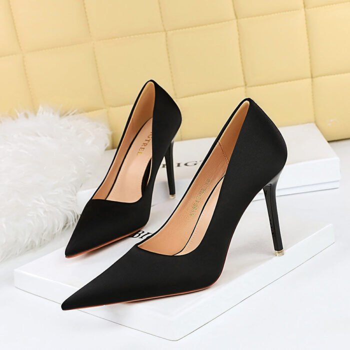 1983-1 Korean Fashion Simple High Heels Stiletto Heel Shallow Mouth Pointed Nightclub Sexy Slimming Satin Pumps BIG TREE SHOES - Image 4
