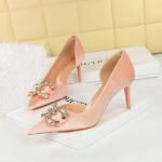 BIGTREE SHOES 1363-Ak77 Banquet High Heels Women's Shoes Suede Shallow Mouth Pointed Toe Side Hollow Rhinestone Pearl Bow Pumps - Image 4