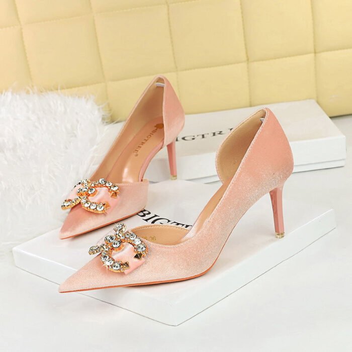 BIGTREE SHOES 1363-Ak77 Banquet High Heels Women's Shoes Suede Shallow Mouth Pointed Toe Side Hollow Rhinestone Pearl Bow Pumps - Image 4