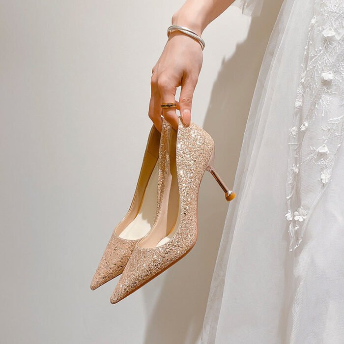 D888-88 Pointed High Heels Women's Chunky Heel Wedding Shoes High-Grade Wedding Dress Pumps - Image 1