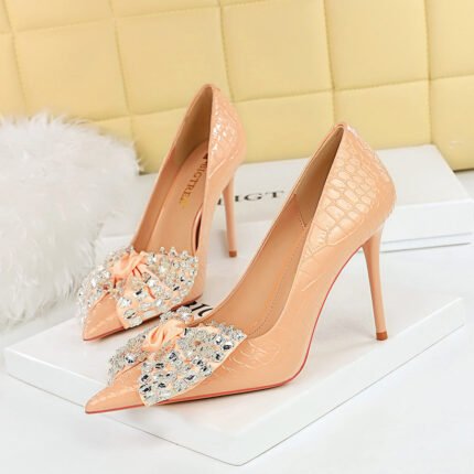 BIG TREE Shoes 3391-H9 Korean Style Fashion Banquet High Heels Stiletto Heel Shallow Mouth Pointed Toe Rhinestone Bow Pumps Women