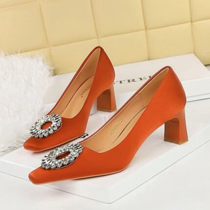 BIG TREE SHOES 6186-k29 European and American Style Fashion Banquet High Heel Women's Shoes Thick Heel Satin Low-Cut Square Toe Metal Rhinestone Buckle Pumps