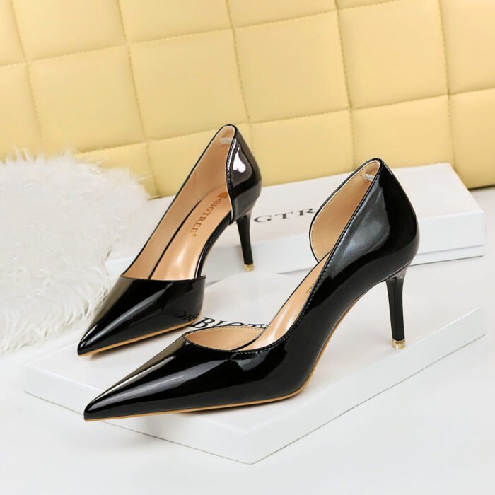 1363-A2 Korean fashion slim banquet fine heel high heel shallow pointed side hollow patent leather women's shoes single shoes high - Image 2