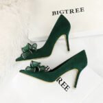 BIGTREE SHOES 516-H38 Banquet High Heels Stiletto Women's Shoes Suede Shallow Mouth Pointed Lace Rhinestone Bow High Heel Pumps - Image 4