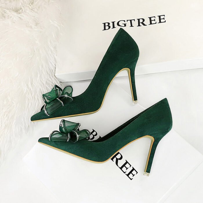 BIGTREE SHOES 516-H38 Banquet High Heels Stiletto Women's Shoes Suede Shallow Mouth Pointed Lace Rhinestone Bow High Heel Pumps - Image 4