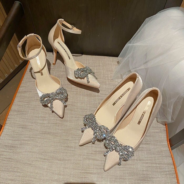 858-11 Pointed High Heels Women's New Buckle Rhinestone Bow Casual High-End Shoes - Image 6