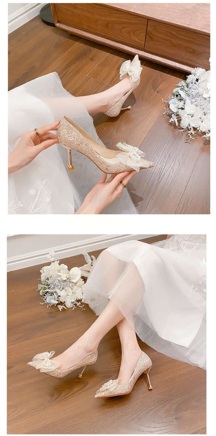 D888-42 Pointed High Heels Women's Chunky Heel Wedding Shoes High-Grade Wedding Dress Annual Meeting Pumps - Image 8