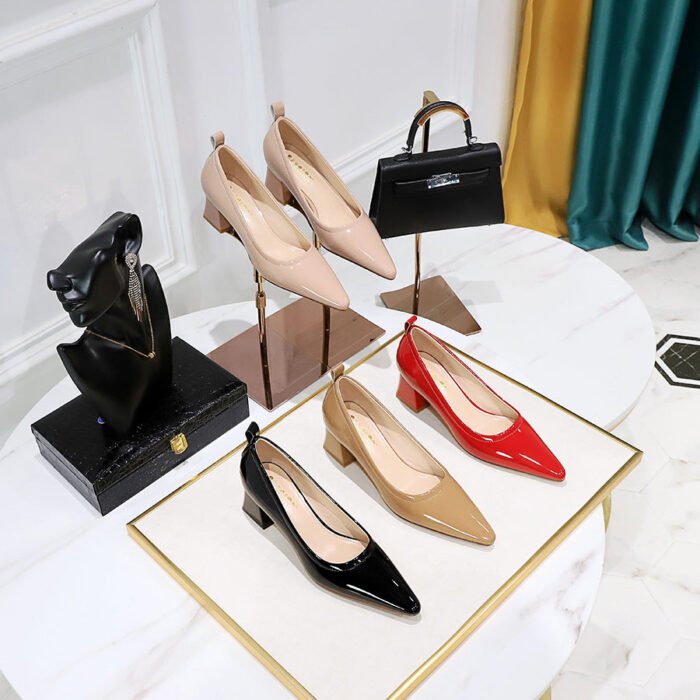 1235-1 Korean Fashion Simple Comfortable All-Matching Chunky Heel Mid Heel Patent Leather Shallow Mouth Pointed Business Ol Women's Thin Shoes - Image 3