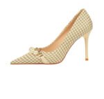 9283-1 European and American style houndstooth high-heeled high-heeled shallow-pointed pearl chain plaid women's shoes - Image 22