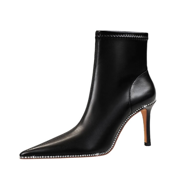 BIG TREE SHOES 1838-3 European and American Fashion Sexy Nightclubs Thinner Stiletto Heel Side Zipper Rhinestone Pointed Toe Short Women's Boots Short Boots - Image 5