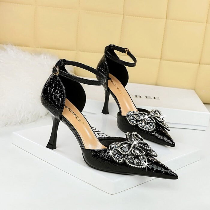 BIGTREE SHOES 8323-H23 European and American Banquet Women's Shoes High Heel Low-Cut Pointed-Toe Hollowed Strap Hollow-out Rhinestone Bow Sandals - Image 2