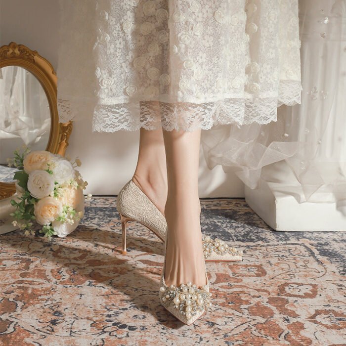 840-12 Rhinestone Pearl High Heels Women Xiuhe Wedding Shoes Stiletto Pointed Toe Large and Small Size Party Shoes - Image 2