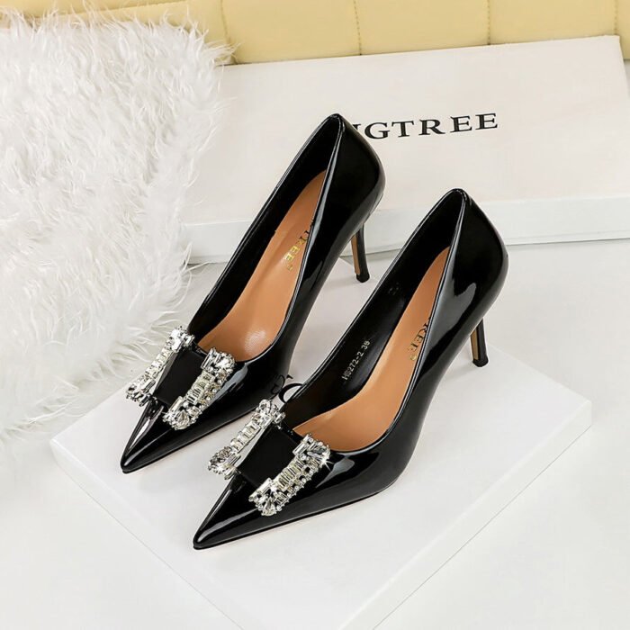 BIGTREE SHOES 272-K72 European and American Banquet High Heels Stiletto Heel Shallow Mouth Pointed Patent Leather Metal Rhinestone Buckle Pumps High Heel Women's Shoes - Image 3