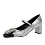 BIGTREE SHOES 5298-K90 Mary Jane Women's Shoes Banquet European and American Style Shallow Mouth Square Toe Color Block Metal Rhinestone Buckle One-Strap Single Shoes - Image 5