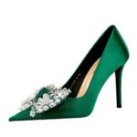 BIG TREE SHOES 3391-2h9 European and American Style Fashion Banquet High Heels Stiletto Heel Satin Shallow Mouth Pointed Toe Rhinestone Bow Pumps Women - Image 5
