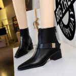 Bigtree Shoes Knight Boots-1 Retro Style Short Winter Women's Boots Chunky Heel Mid Heel Belt Buckle Metal Decorative Pointed Ankle Boots
