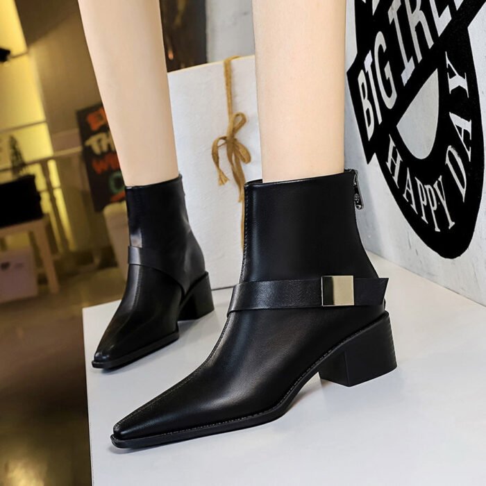 Bigtree Shoes Knight Boots-1 Retro Style Short Winter Women's Boots Chunky Heel Mid Heel Belt Buckle Metal Decorative Pointed Ankle Boots - Image 1