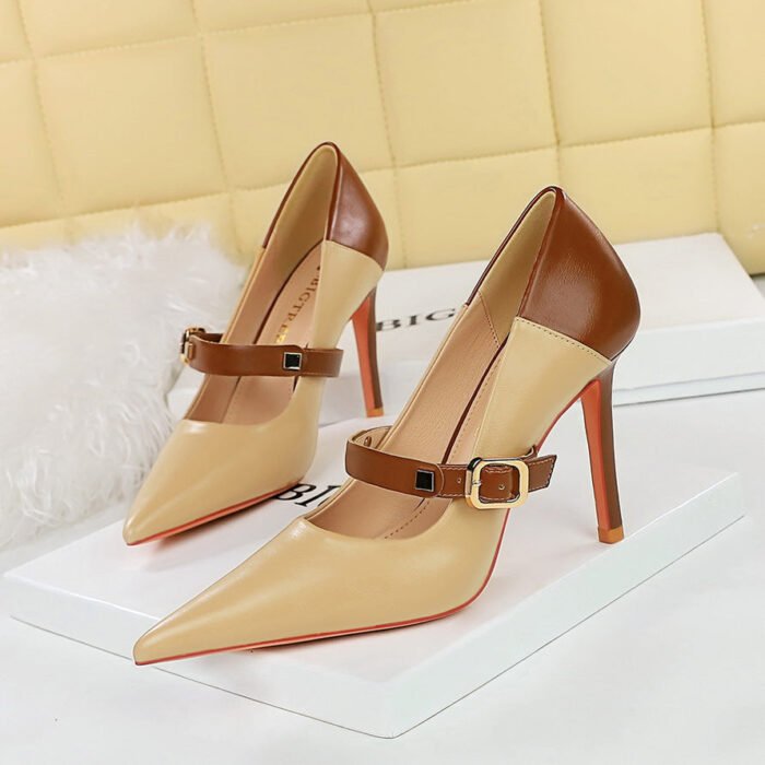 Bigtree Shoes 1198-2 Retro European and American Style High Heels Women's Shoes Stiletto Heel Ultra High Heel Shallow Mouth Pointed Toe Color Matching Strap Women's Shoes - Image 1