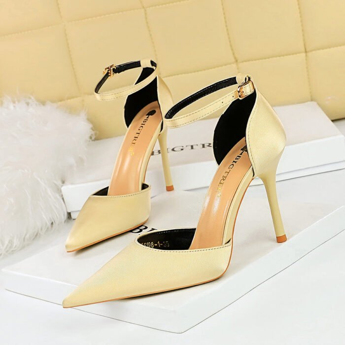 BIG TREE Shoes 5198-1 European and American Style Fashionable Simple Ultra-High Heel Stiletto Satin Shallow Mouth Pointed-Toe Hollowed Hollow-out Strap Sandals - Image 4