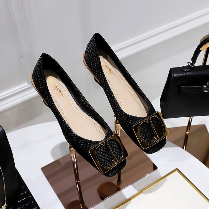 1332-1 Korean Style Spring and Autumn Fashion Sweet Women's Shoes Shallow Mouth Cloth Surface Square Toe Metal Buckle Flat Shoes All-Match Women's Shoes - Image 5
