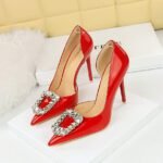 BIG TREE SHOES 638-K30 European and American Style Banquet Women's Shoes High Heel Low-Cut Pointed Toe Side Hollow Rhinestone Buckle Pumps Wedding Shoes High Heels