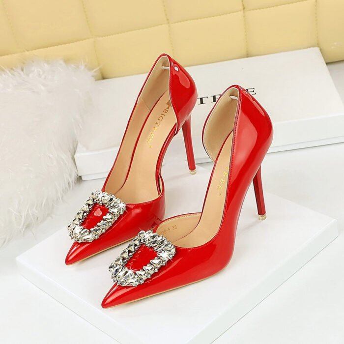 BIG TREE SHOES 638-K30 European and American Style Banquet Women's Shoes High Heel Low-Cut Pointed Toe Side Hollow Rhinestone Buckle Pumps Wedding Shoes High Heels - Image 1