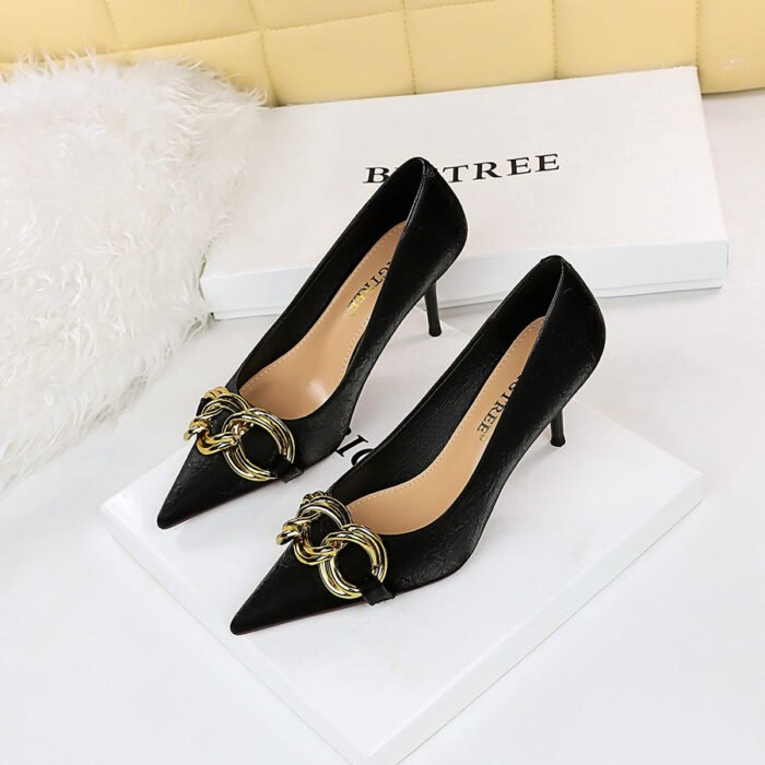 7239-A1 European and American fashion banquet women's shoes fine heel high heel shallow pointed metal buckle single shoes high heels - Image 4