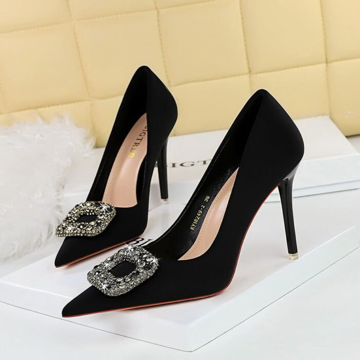 Bigtree Shoes 18249-K83 European and American Banquet High Heels Women's Shoes Satin Shallow Mouth Pointed-Toe Super High Heel Rhinestone Metal Buckle Pumps - Image 1