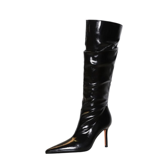 big tree shoes 315-A18 Retro European American Style High Heel Stiletto Pointed Patent Leather Wrinkled Surface Women's High Boots Winter Slimming High Leg Boot - Image 5