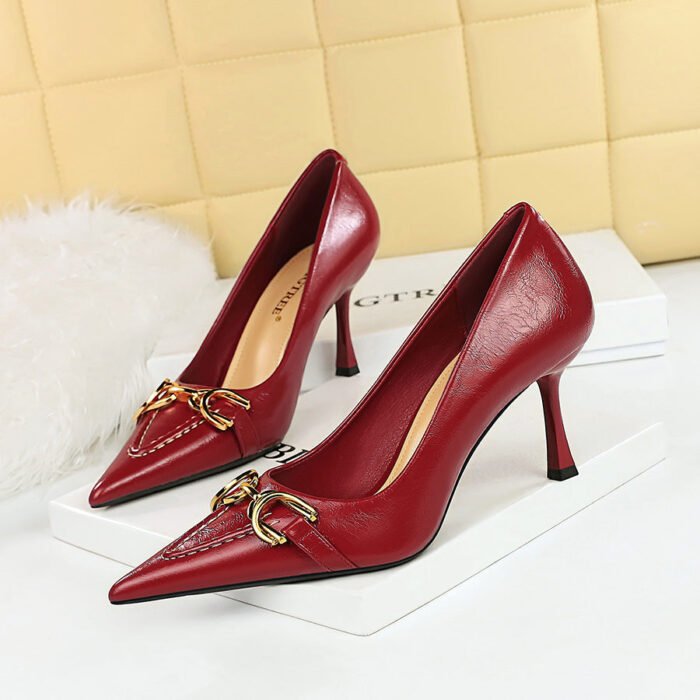 BIG TREE Shoes 886-2 Retro European American Style High Heels Women's Shoes Stiletto Heel Shallow Mouth Pointed-Toe Metal Belt Buckle Decoration Pumps - Image 1