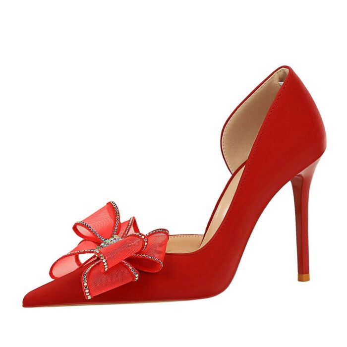 BIGTREE SHOES 626-H38 European and American Style High Heels Women's Shoes Stiletto Heel Shallow Mouth Pointed Toe Side Hollow Rhinestone Bow Pumps Wedding Shoes - Image 5