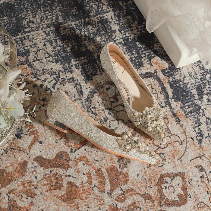 229-12 French Pointed Flat Pregnant Women Can Wear Low Heel Elegant Pearl Wedding Shoes Xiuhe Wedding Dress Two-Way Wear - Image 4