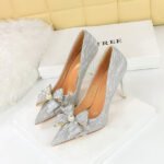 BIG TREE SHOES 1829-H15 European and American Style Banquet High Heels Stiletto Heel Shallow Mouth Pointed Pearl Rhinestone Bow Pumps - Image 4