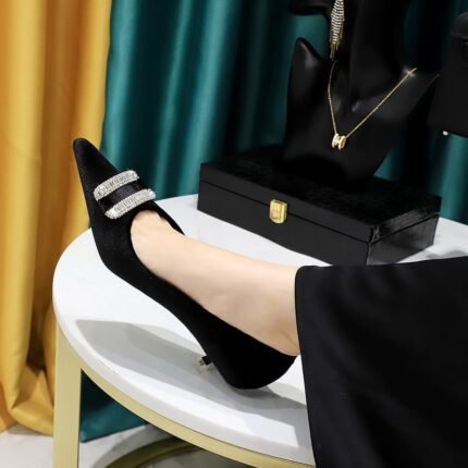 BIGTREE SHOES 237-K76 European and American Banquet Women's Shoes Middle Heel Fine Heel Thick Suede Shallow Mouth Pointed-Toe Metal Rhinestone Buckle Women's Shoes