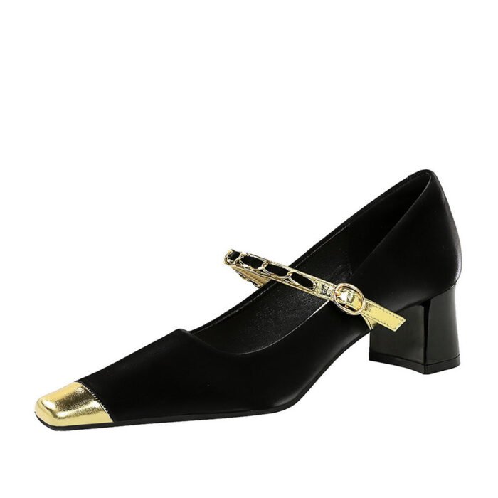 BIGTREE SHOES 5288-7 French Mary Jane Women's Classy Shoes Mid Heel Chunky Heel Low-Cut Color Matching Square Head Metal Chain Ankle-Strap Shoes - Image 5