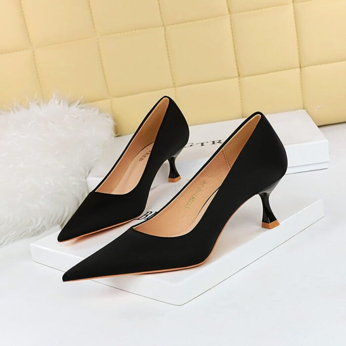 BIGTREE Spring and Autumn Fashion-6 Korean Style All-Matching High Heels Simple High Heel Low-Cut Wine Cup Heel Pointed Toe Satin Pumps Women - Image 2